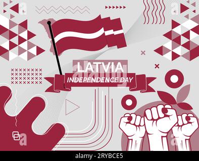 Banner della festa nazionale della Lettonia con mappa, colori della bandiera sfondo a tema e design geometrico astratto retrò moderno e colorato con mani alzate o pugni. Illustrazione Vettoriale