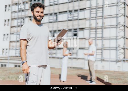 Un gruppo eterogeneo di architetti e designer collabora a un progetto di costruzione in città, analizzando i progetti e discutendo i costi, garantendo la suc Foto Stock