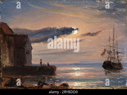 Thomas Fearnley - Moonlit Harbor in Southern Italy Thomas Fearnley: Norvegese, Frederikshald 1802–1842 Monaco di Baviera 1833–35; Foto Stock