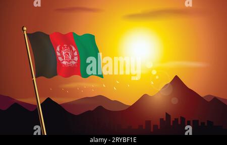 Bandiera dell'Afghanistan con sfondo al tramonto di montagne e laghi Illustrazione Vettoriale