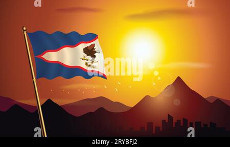 Bandiera delle Samoa americane con sfondo al tramonto di montagne e laghi Illustrazione Vettoriale