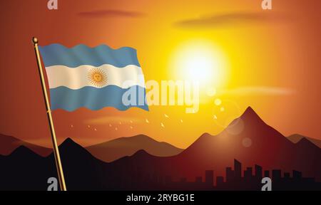 Bandiera argentina con sfondo al tramonto di montagne e laghi Illustrazione Vettoriale