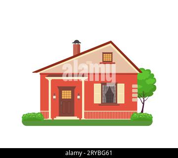 Graziosa casa rossa con colonne, isolata su sfondo bianco Illustrazione Vettoriale