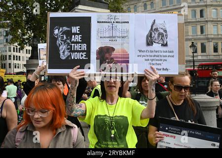 Trafalgar Square, Londra, Regno Unito. 30 settembre 2023. Centinaia di manifestanti del rumore con carte geografiche chiedono giustizia per Marshall e milioni - nessun divieto nessun bullo marciano per Tysson e per Rocco i due cani uccisi dalla polizia metropolitana di Londra, Regno Unito. Credito: Vedere li/Picture Capital/Alamy Live News Foto Stock