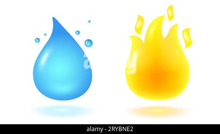 Illustrazione vettoriale di gocce d'acqua e fiamme in stile 3D. Icona vettoriale di pioggia e fuoco in stile realistico. Illustrazione Vettoriale