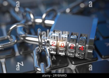 Blocco con codice per l'anno nuovo 2024. sulla tastiera del computer. Cyber Security e Internet Data Protection Trends 2024 Concept. illustrazione 3d. Foto Stock