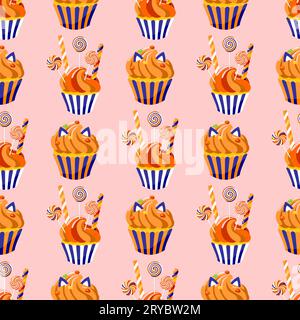 Cupcake romantici in tazze a righe con caramelle su un bastoncino su sfondo rosa. Deliziosi prodotti da forno per cartoni animati. Modello senza cuciture con dolci e confetteria Illustrazione Vettoriale