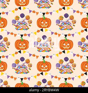 Motivo senza cuciture con simboli di Halloween. Zucca, jack o lanterna, dolci, caramelle, ghirlande con bandiera e fantasma. Per carta da parati, carta regalo, tessuto, custodia Illustrazione Vettoriale