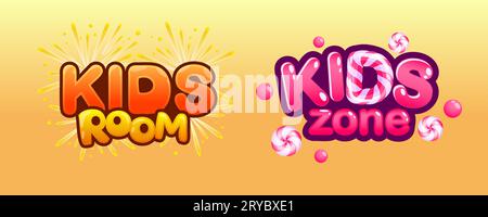 Logo Play Room. Banner cartoni animati per bambini. Area di intrattenimento per bambini. Caramelle Bonbon e progettazione di fuochi d'artificio. Miniclub. Intestazione di testo divertente per la sala giochi. Parco divertimenti. Set di adesivi divertenti per il parco giochi vettoriale Illustrazione Vettoriale