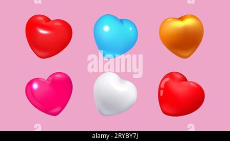 Cuori 3D. Icone del giorno d'amore. Graziosi oggetti in mongolfiera a elio per le vacanze di mamma o San Valentino. Regalo di compleanno. Come il pulsante di rendering. Forme gonfiabili lucide di passione. Set di figure romantiche isolate vettoriali Illustrazione Vettoriale