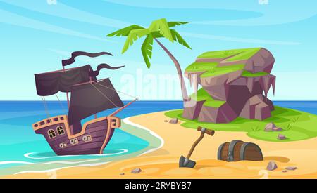 Sea Island. Nave pirata. Spiaggia di sabbia. Cassa del tesoro. Palma tropicale. Naufragio nell'oceano. Avventura in barca a vela. Navigazione nera. Relitto di caravelle di legno. Viaggio dei Buccaneers. Cartoon vettoriale paesaggio marino Illustrazione Vettoriale