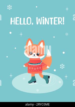 biglietto invernale, saluto, capodanno e natale. con una volpe carina. pattinaggio, slittino, sci. illustrazione vettoriale Illustrazione Vettoriale