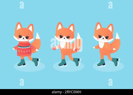 set per sport invernali. volpe sui pattini con guanti e maglie. Illustrazione vettoriale Illustrazione Vettoriale