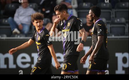 Eupen, Belgio. 30 settembre 2023. Luis Vazquez di Anderlecht celebra dopo aver segnato durante una partita di calcio tra KAS Eupen e RSC Anderlecht, sabato 30 settembre 2023 a Eupen, il giorno 09/30 della prima divisione del campionato belga "Jupiler Pro League" 2023-2024. BELGA PHOTO VIRGINIE LEFOUR Credit: Belga News Agency/Alamy Live News Foto Stock