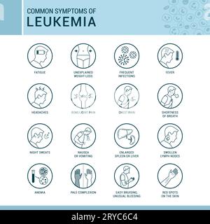 Segni e sintomi comuni della leucemia, set di icone, concetto di assistenza sanitaria e medicina Illustrazione Vettoriale