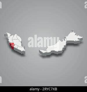 Posizione dello stato di Selangor all'interno della mappa isometrica 3d della Malesia Illustrazione Vettoriale