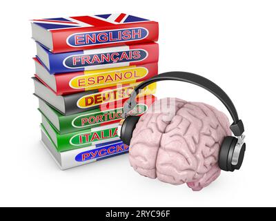 Cervello con cuffie e libri Foto Stock