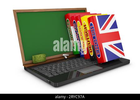 Dizionari e notebook con una scheda chalk.3D render. Foto Stock