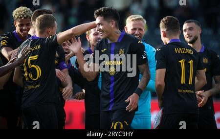 Eupen, Belgio. 30 settembre 2023. Luis Vazquez di Anderlecht celebra dopo aver vinto una partita di calcio tra KAS Eupen e RSC Anderlecht, sabato 30 settembre 2023 a Eupen, il giorno 09/30 della prima divisione del campionato belga "Jupiler Pro League" del 2023-2024. BELGA PHOTO VIRGINIE LEFOUR Credit: Belga News Agency/Alamy Live News Foto Stock