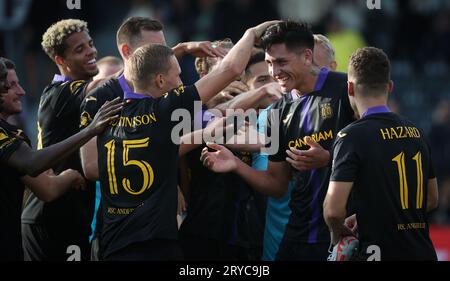 Eupen, Belgio. 30 settembre 2023. Luis Vazquez di Anderlecht celebra dopo aver vinto una partita di calcio tra KAS Eupen e RSC Anderlecht, sabato 30 settembre 2023 a Eupen, il giorno 09/30 della prima divisione del campionato belga "Jupiler Pro League" del 2023-2024. BELGA PHOTO VIRGINIE LEFOUR Credit: Belga News Agency/Alamy Live News Foto Stock