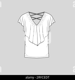 Donna Moda con scollo a V volant t-shirt senza maniche blusa superiore disegno tecnico modello disegno vettoriale Illustrazione Vettoriale
