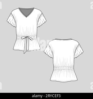 Donna coulisse in vita volant manica con scollo a V maglietta top blusa stile piatto disegno tecnico modello cad design vettoriale Illustrazione Vettoriale