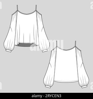 Donna Fashion Balloon Sleeve open Shoulder Cami top manica lunga raccolta Tank top maglietta top blusa flat sketch mock up modello tecnico di disegno Illustrazione Vettoriale