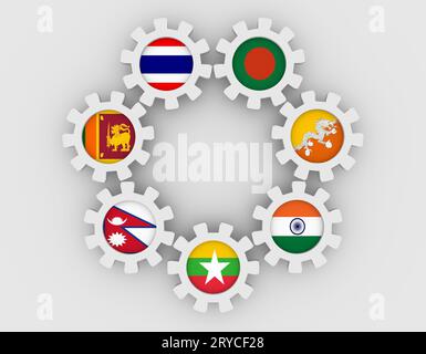 Golfo del Bengala iniziativa Multi-Sectoral per la cooperazione tecnica ed economica membri bandiere nazionali sugli ingranaggi Foto Stock
