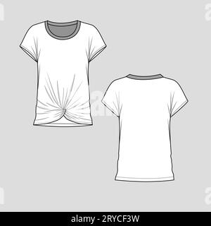 Donna manica kimono, orlo a torsione sul davanti, t shirt con collo rotondo, top blusa fashion flat sketch, modello tecnico di disegno vettoriale Illustrazione Vettoriale