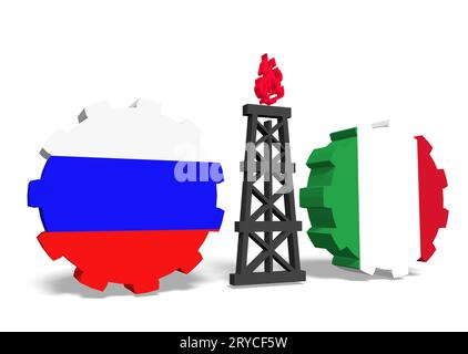 Bandiere russe e italiane sugli ingranaggi, piattaforma a gas tra di loro Foto Stock