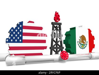 Bandiere di Stati Uniti e messico su attrezzi, impianti di perforazione di gas, gasdotti Foto Stock