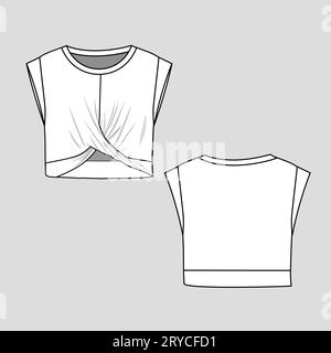 T-shirt da donna con collo rotondo maniche con cappuccio maglia di moda blusa piatta disegno tecnico modello cad mock up deign Vector Illustrazione Vettoriale