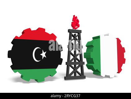Libia e italia bandiere sugli attrezzi, piattaforma di gas tra di loro Foto Stock