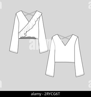 Maglietta a maniche lunghe con volant incrociate da donna blusa top fashion flat sketch tecnico modello disegno vettoriale Illustrazione Vettoriale