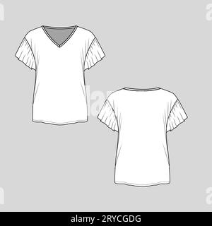 Donna con manica con volant e scollo a V t-shirt moda blusa top sketch modello disegno vettoriale Illustrazione Vettoriale