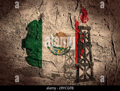 Bandiera del Messico sugli attrezzi, piattaforma a gas vicino a loro Foto Stock