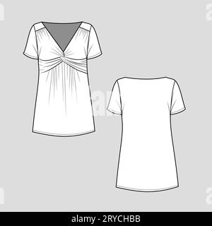 Donna Tuta superiore frontale nodo a torsione collo a V maglietta a manica corta blusa top fashion disegno piatto disegno tecnico modello vettoriale Illustrazione Vettoriale