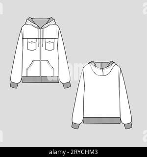 Donna felpa con cappuccio e zip tasca con patta e bottoni orlo a costine cordoncino da disegno a canguro tasca a manica lunga stile piatto disegno tecnico V Illustrazione Vettoriale
