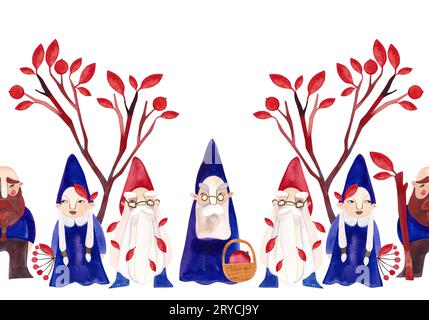 Una famiglia di gnomi sta camminando nella foresta. Bordo senza cuciture per decorare le pareti nella stanza dei bambini. Acquerello illustrazione disegnata a mano isolata o Foto Stock