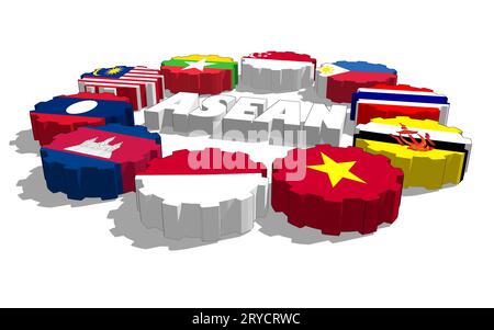 L'ASEAN europea membri bandiere nazionali su cog ruote Foto Stock