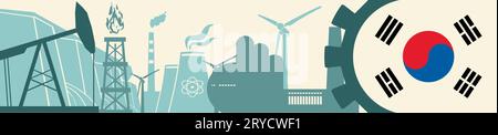 Set di icone energia e potenza. Intestazione con bandiera della Corea. Produzione di energia sostenibile e industria pesante. Illustrazione vettoriale Foto Stock