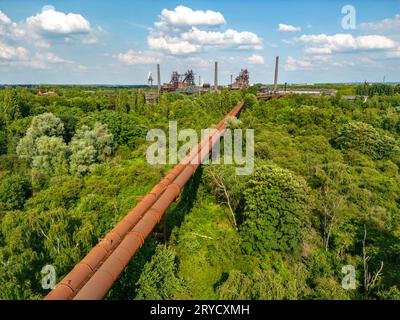 Der Landschaftspark Duisburg Nord, doppelte Hochofengasleitung von Westen Blick über die Wildnis, einem Parkbereich wo die Natur sich selbst überlassen wird, auf das Hüttenwerk, NRW, Deutschland, Landschaftspark *** il parco paesaggistico Duisburg Nord, doppio gasdotto ad altoforno da ovest vista sulla natura selvaggia, un'area parco dove la natura è lasciata ai propri dispositivi, alla acciaieria, NRW, Germania, parco paesaggistico credito: Imago/Alamy Live News Foto Stock