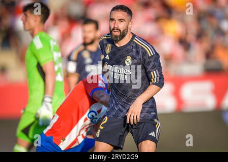 Girona, Spagna. 30 settembre 2023. Dani Carvajal (Real Madrid CF) durante una partita di la Liga EA Sports tra Girona FC e Real Madrid all'Estadio Municipal de Montilivi, a Girona, Spagna, il 30 settembre 2023. (Foto/Felipe Mondino) credito: CORDONE PRESS/Alamy Live News Foto Stock