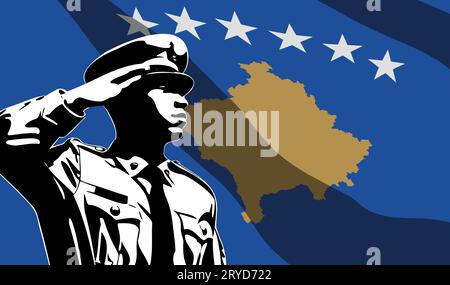 Silhouette di soldato con bandiera del Kosovo sullo sfondo. Concetto di giornata dell'esercito Illustrazione Vettoriale