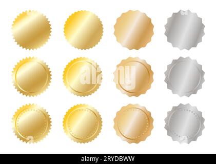 Vicino il raggiungimento di metallo e i badge di aggiudicazione (oro, argento e rame) isolati su sfondo bianco Foto Stock