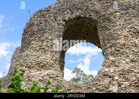 Un'apertura nel muro in rovina e il nucleo di selce rimanente del castello di Odiham, noto anche come castello di Re Giovanni. North Warnborough, Regno Unito Foto Stock