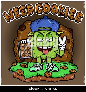 Weed Bud Mascot contiene biscotti con sfondi e testo. Per logo Mascot, design di magliette, azienda, copertina, etichetta e prodotto di imballaggio. VECTO Illustrazione Vettoriale