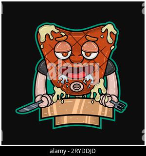 Mascotte Cartoon of Steak with Hungry Face, Holding Knife and Fork. Segno vuoto e libero modificabile. Illustrazioni vettoriali Illustrazione Vettoriale