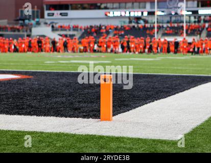 Reser Stadium, Corvallis, OR, USA. 29 settembre 2023. Un pilone degli Oregon State Beavers si erge prima della partita di football NCAA tra gli Utah Utes e gli Oregon State Beavers al Reser Stadium, Corvallis, OREGON. Larry C. Lawson/CSM/Alamy Live News Foto Stock