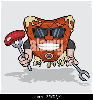 Mascotte Cartoon of Meat Steak with Holding Meat and Forks. Per cibo, carne, barbeque e logo di manzo. Illustrazioni vettoriali Illustrazione Vettoriale